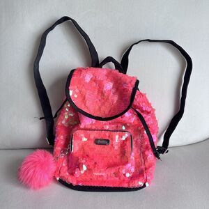 Justice Girls Pink Sequin Black Mini Backpack With Fluffy Flamingo Charm